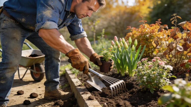 Landscaping worker tending to flower beds, highlighting labor fluctuations' impact