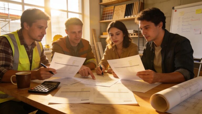 Construction team reviewing invoices and documents in a sunlit office