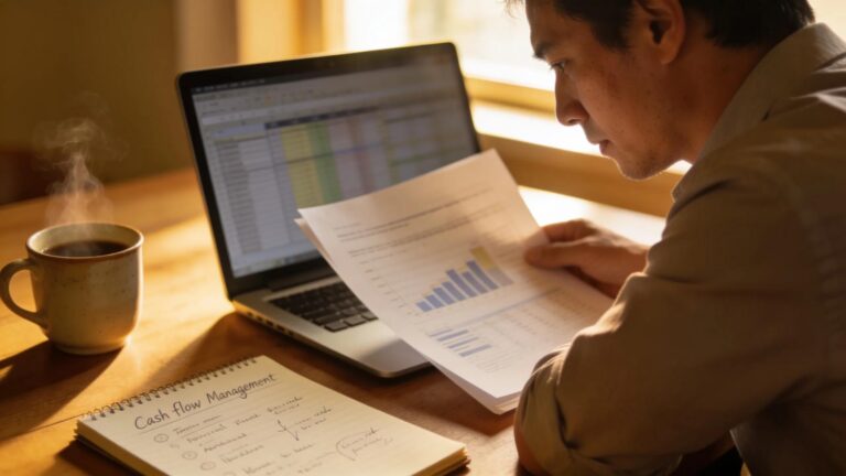 Business owner reviewing financial documents for effective cash flow management