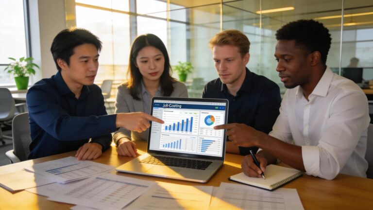 Diverse team collaborating on job costing software in a modern workspace