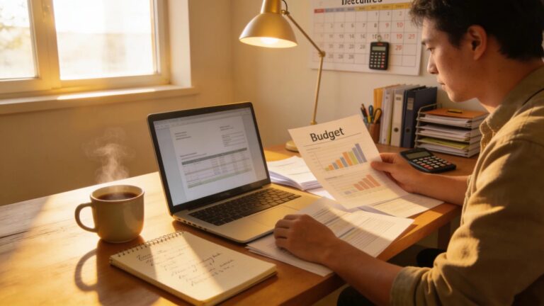 Small business owner reviewing budget and financial documents at a desk