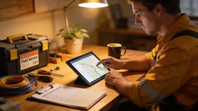 Field service technician reviewing route optimization strategies in a cozy workspace
