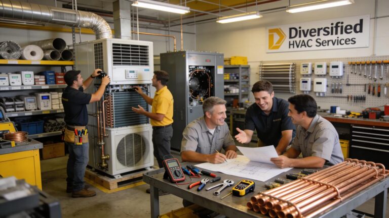 Technicians collaborating in an HVAC workshop demonstrating diversified service offerings
