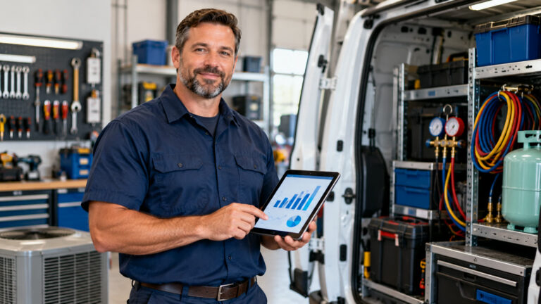 HVAC business owner in his shop reviewing financial results on a tablet