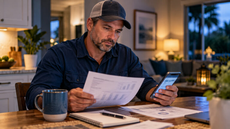 Landscaping company owner comparing his profit and loss statement with his bank balance