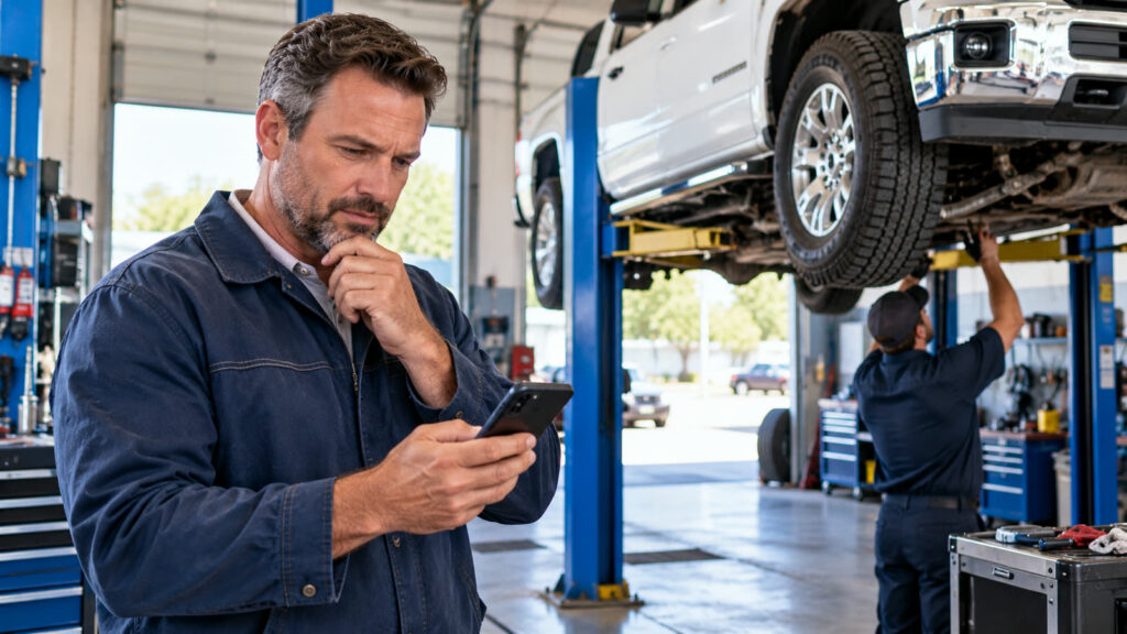 Service business owner checking costs while a work truck is repaired on a lift