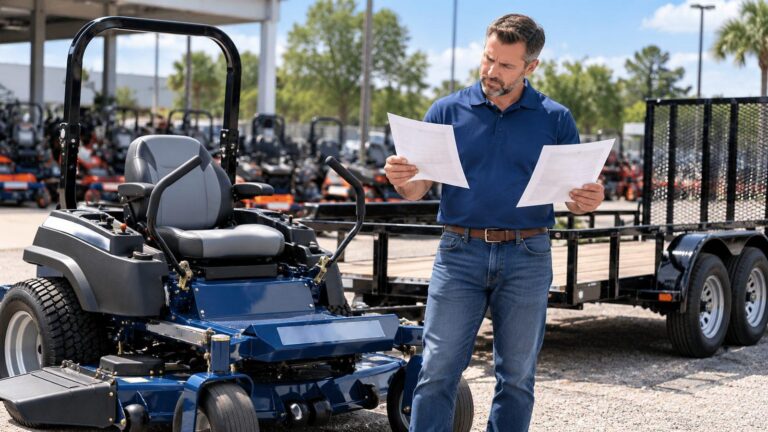 Landscaping business owner comparing two equipment quotes beside a new mower and trailer