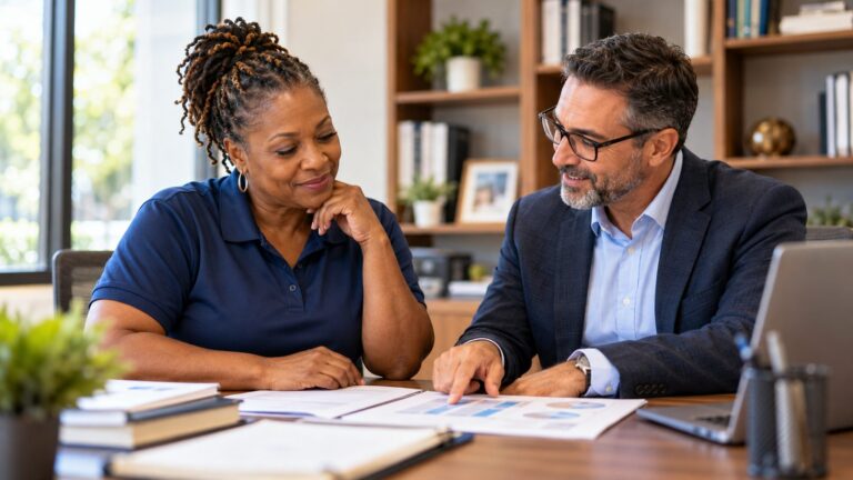 Plumbing company owner reviewing a financial report with her CPA at his desk