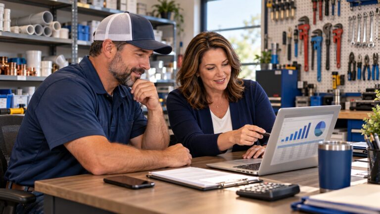 Plumbing business owner reviewing financial reports on a laptop with his bookkeeper