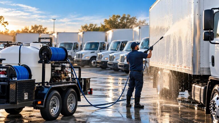 Crew member pressure washing a box truck at a fleet yard with a mobile wash trailer