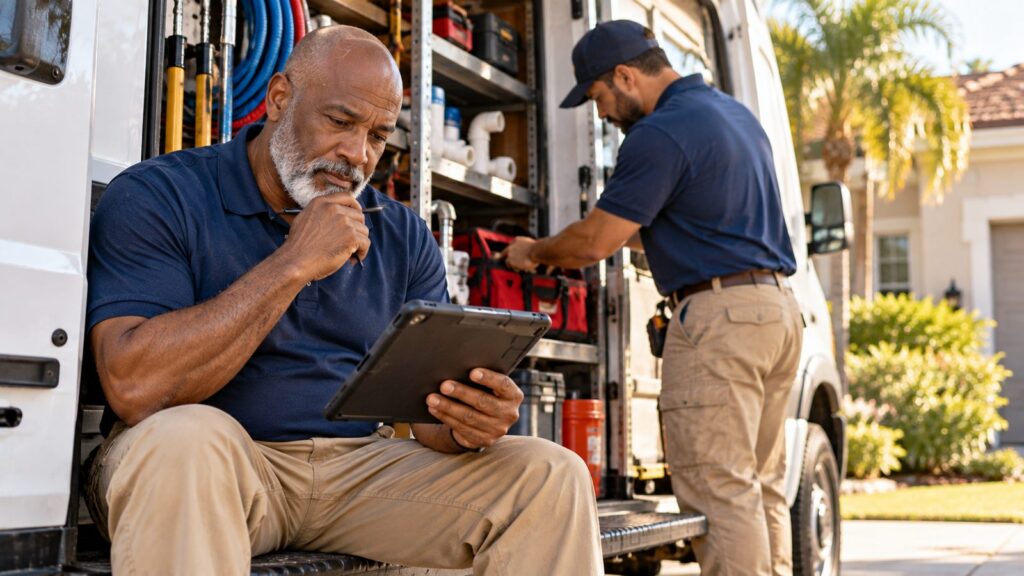Plumbing company owner working out labor costs on a tablet beside his service van