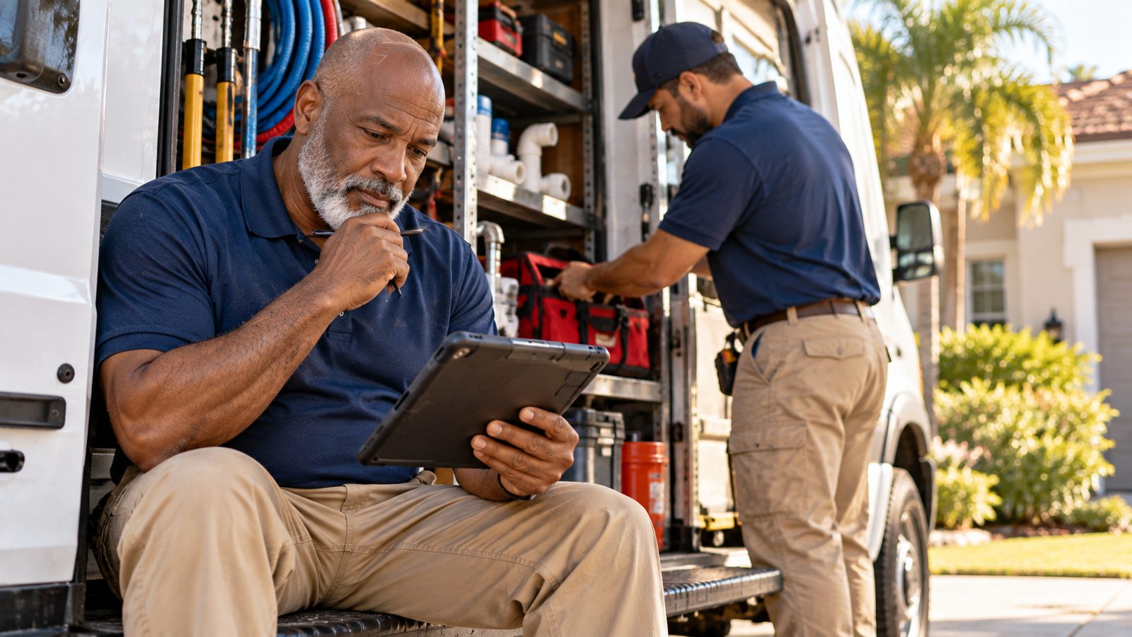Plumbing company owner working out labor costs on a tablet beside his service van