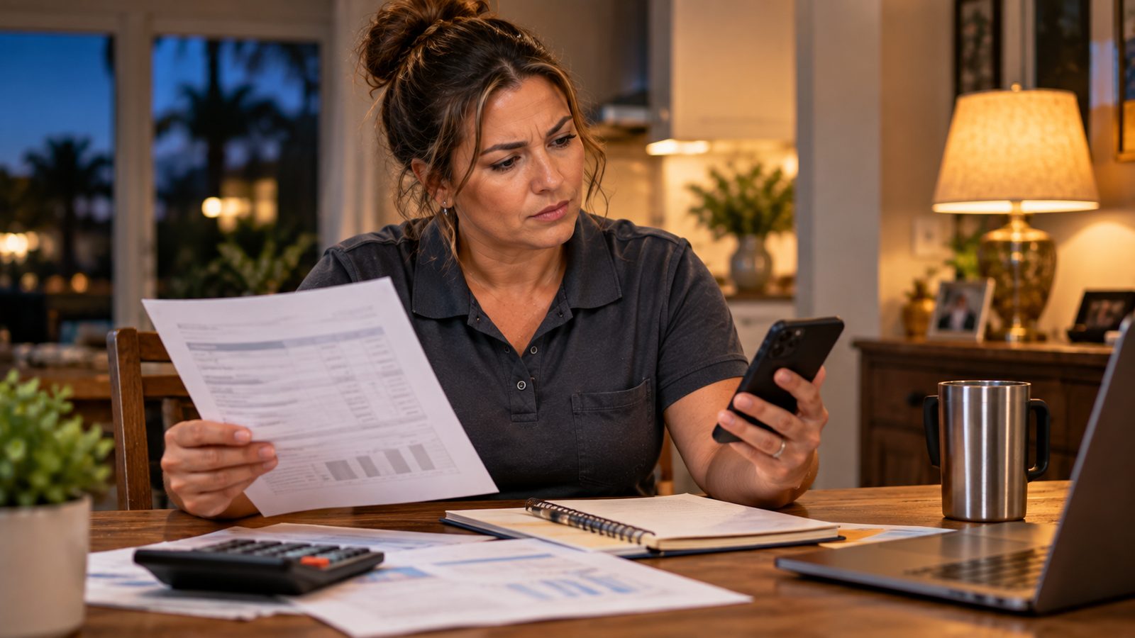 Electrical contractor comparing her profit and loss statement with her bank balance at home