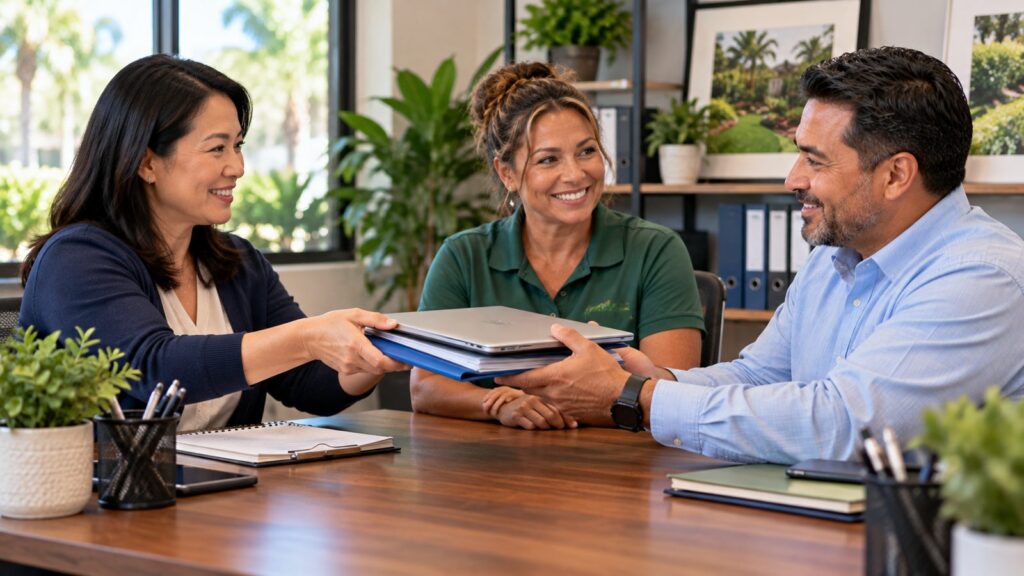 Bookkeeper handing off a laptop and files to a new bookkeeper while the business owner looks on