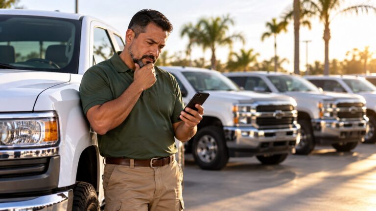 Landscaping business owner weighing a new work truck purchase on a dealer lot