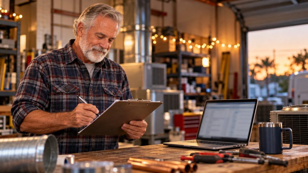 HVAC business owner working through a year-end checklist on a clipboard in his shop