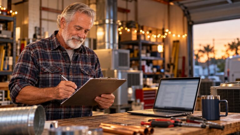 HVAC business owner working through a year-end checklist on a clipboard in his shop